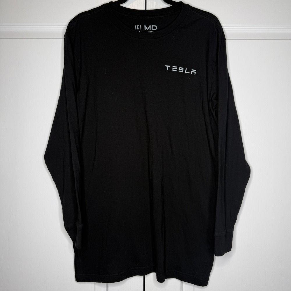 Tesla Shirt Mens Medium Black Long Sleeve Logo Graphic Tee Crewneck Automotive